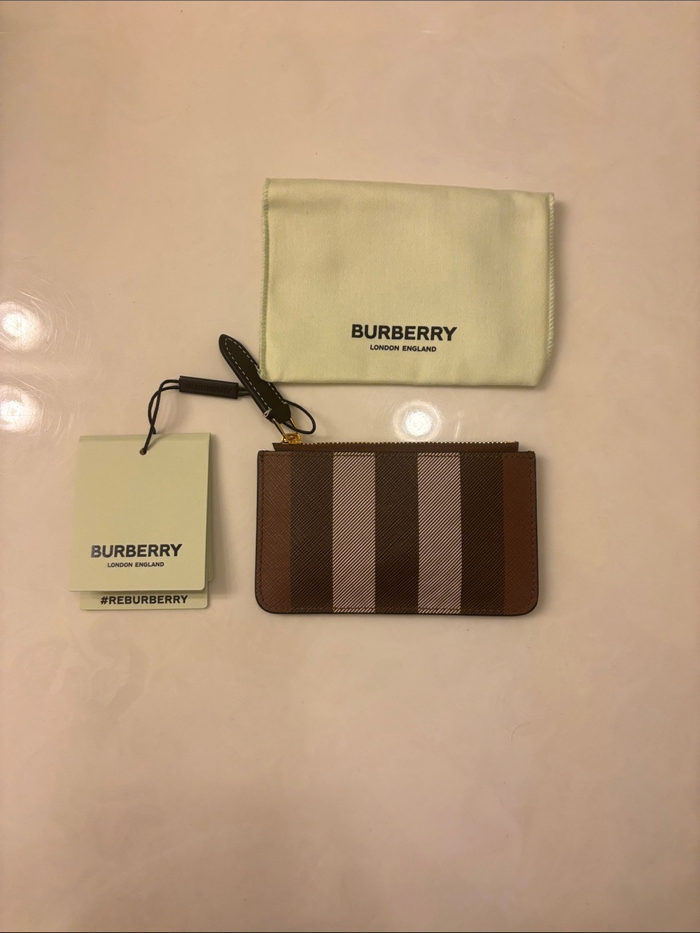 Burberry Brown and Tan Striped Leather Card Wallet